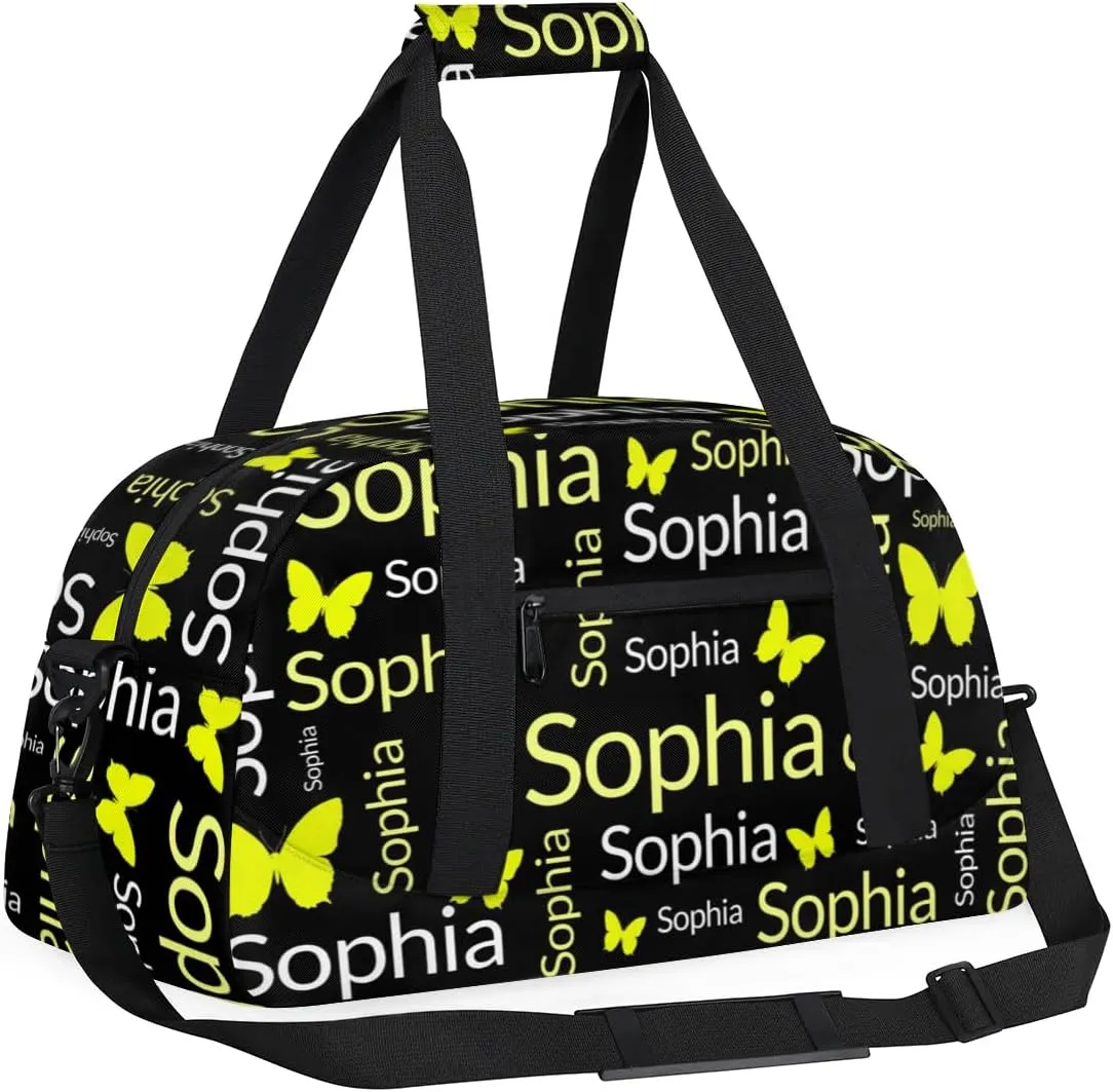 TropicalLife Custom Butterfly Sport Gym Bag Personalized Dance Bag Customized Duffle Bag Travel Duffle Bag for Women Gold White Butterfly