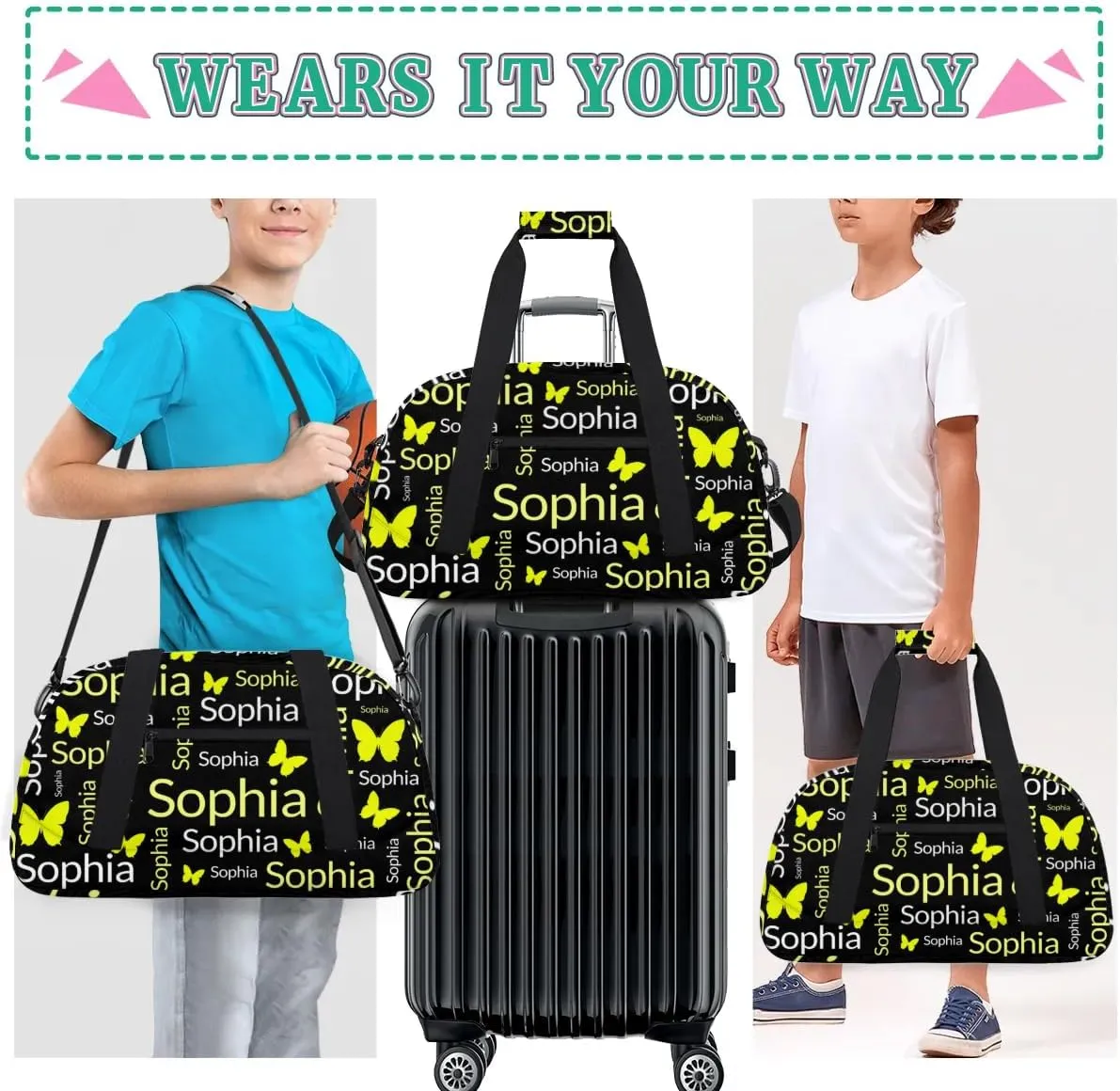 TropicalLife Custom Butterfly Sport Gym Bag Personalized Dance Bag Customized Duffle Bag Travel Duffle Bag for Women Gold White Butterfly