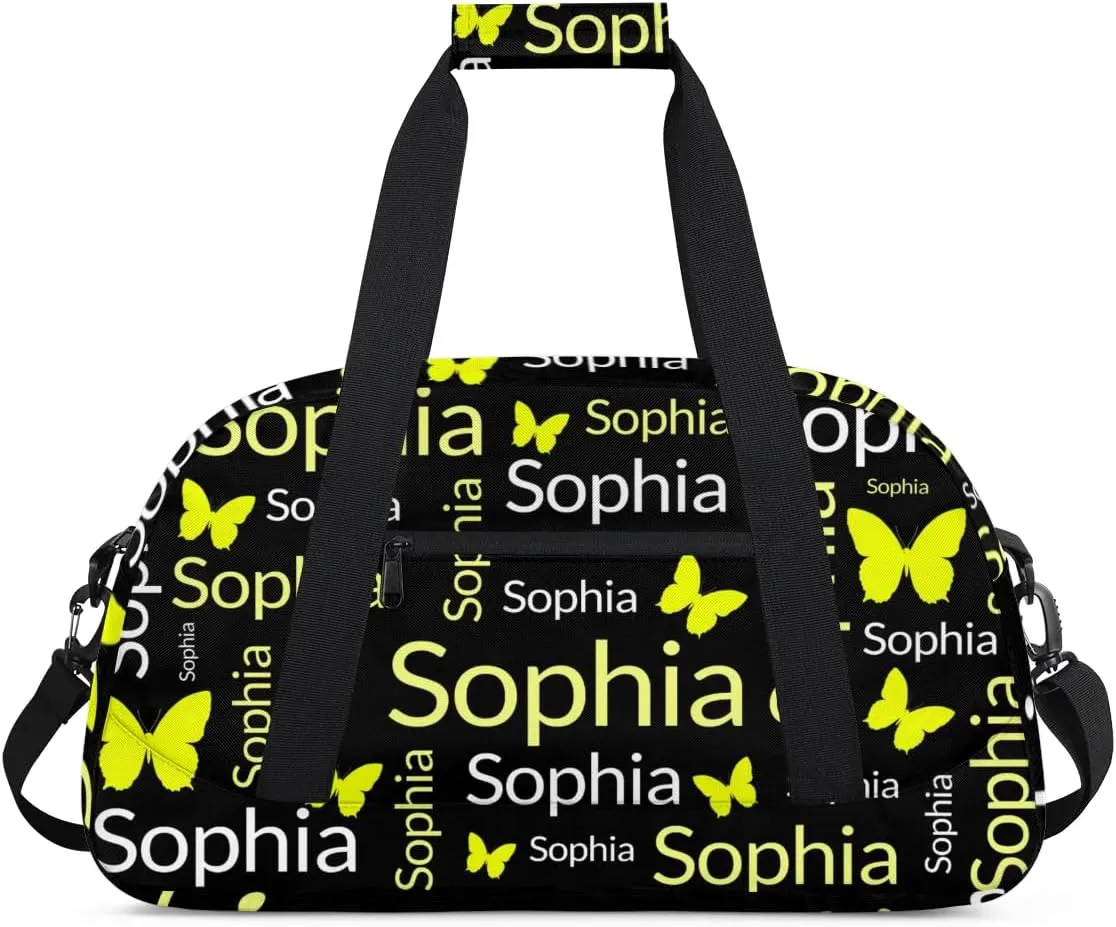 TropicalLife Custom Butterfly Sport Gym Bag Personalized Dance Bag Customized Duffle Bag Travel Duffle Bag for Women Gold White Butterfly