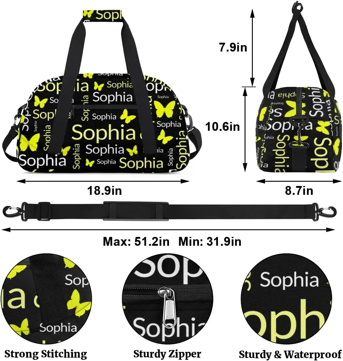 TropicalLife Custom Butterfly Sport Gym Bag Personalized Dance Bag Customized Duffle Bag Travel Duffle Bag for Women Gold White Butterfly