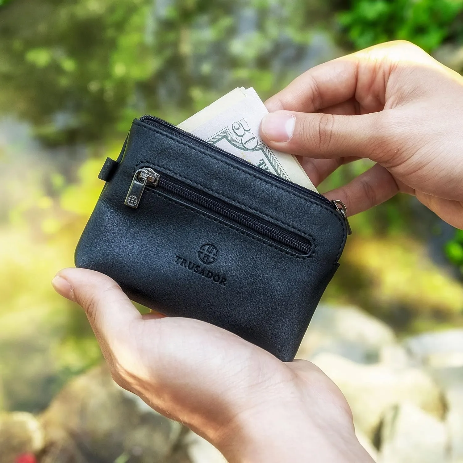 Trusador Milano Unisex Leather Front Pocket Wallet Coin Purse Zipper Pouch with Keychain (Black)