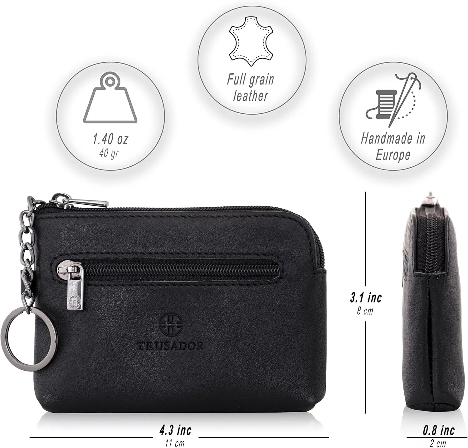Trusador Milano Unisex Leather Front Pocket Wallet Coin Purse Zipper Pouch with Keychain (Black)