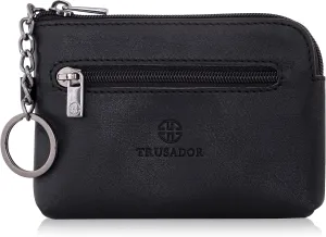 Trusador Milano Unisex Leather Front Pocket Wallet Coin Purse Zipper Pouch with Keychain (Black)