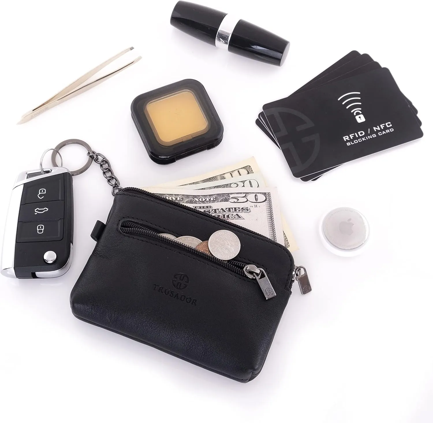 Trusador Milano Unisex Leather Front Pocket Wallet Coin Purse Zipper Pouch with Keychain (Black)