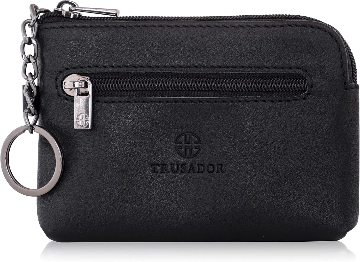 Trusador Milano Unisex Leather Front Pocket Wallet Coin Purse Zipper Pouch with Keychain (Black)