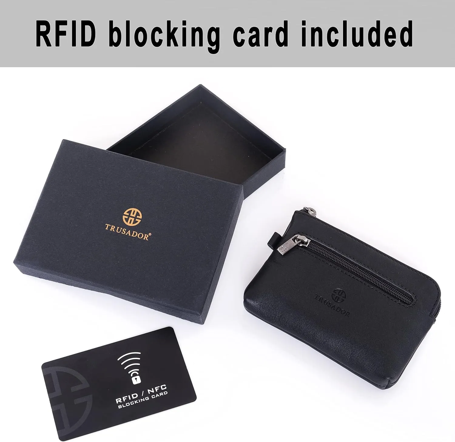 Trusador Milano Unisex Leather Front Pocket Wallet Coin Purse Zipper Pouch with Keychain (Black)
