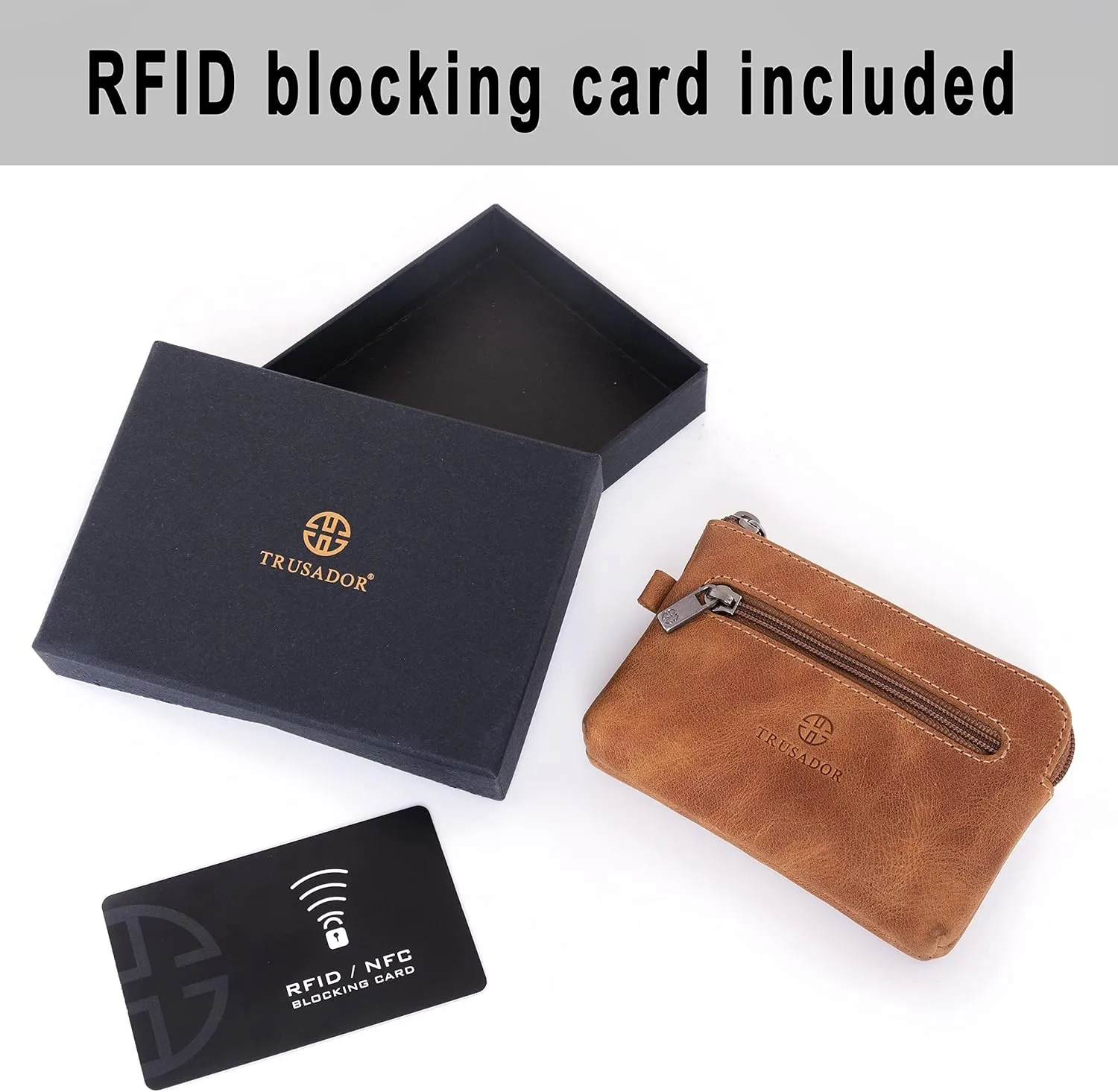 Trusador Milano Women Men Leather Coin Card Key Ring Wallet Pouch Purse Zipper Change Bag (Cognac)