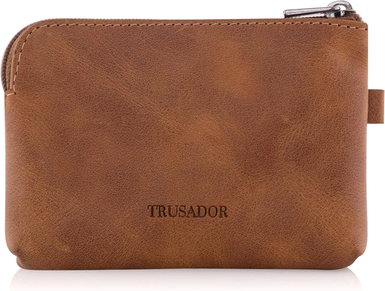 Trusador Milano Women Men Leather Coin Card Key Ring Wallet Pouch Purse Zipper Change Bag (Cognac)