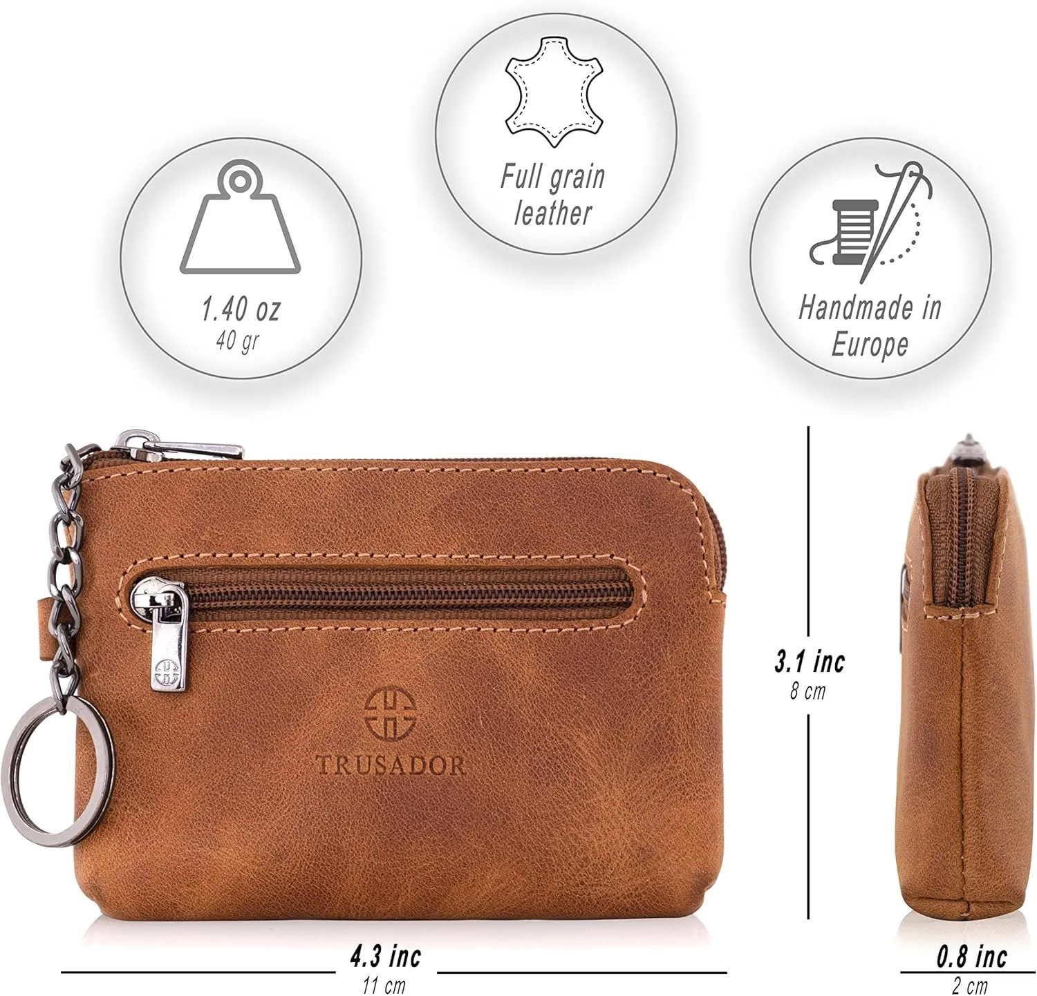 Trusador Milano Women Men Leather Coin Card Key Ring Wallet Pouch Purse Zipper Change Bag (Cognac)