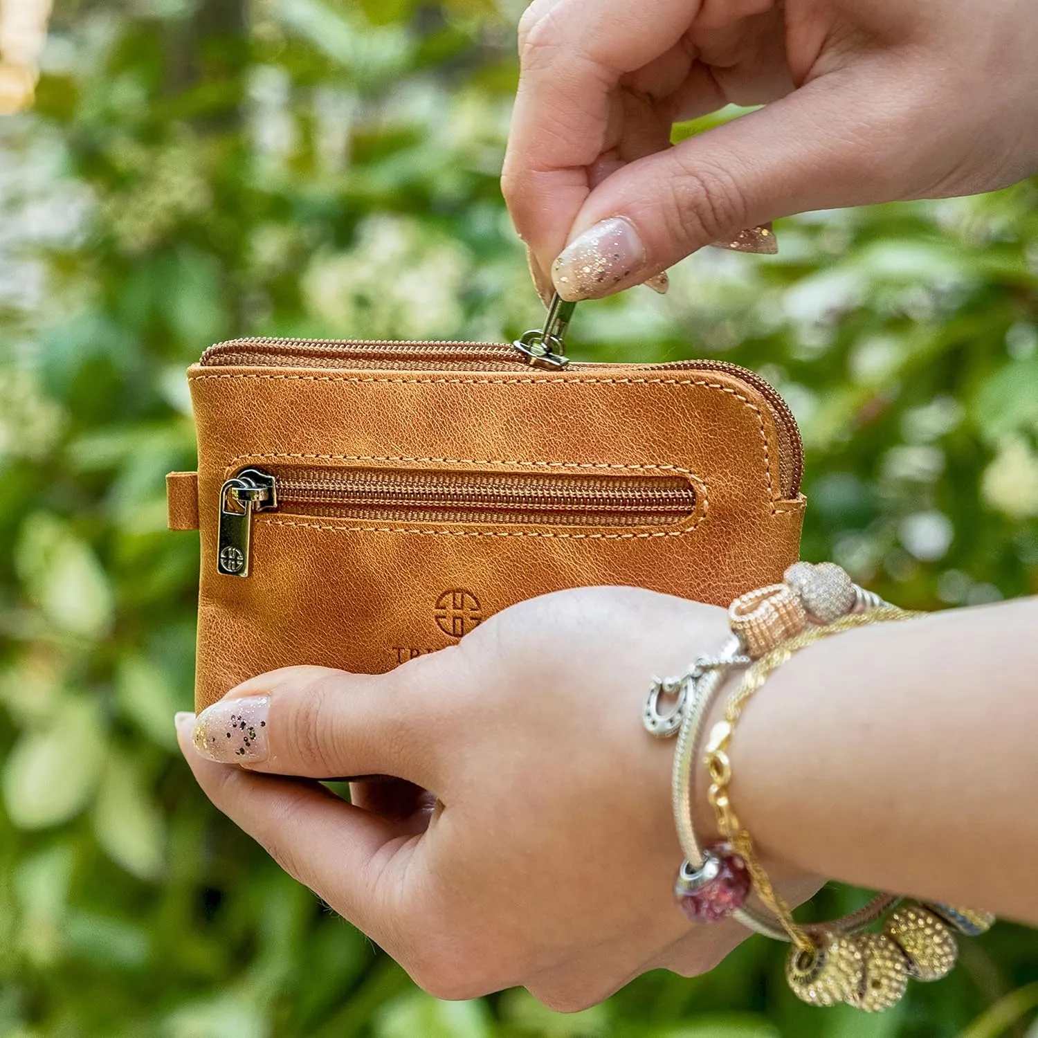 Trusador Milano Women Men Leather Coin Card Key Ring Wallet Pouch Purse Zipper Change Bag (Cognac)