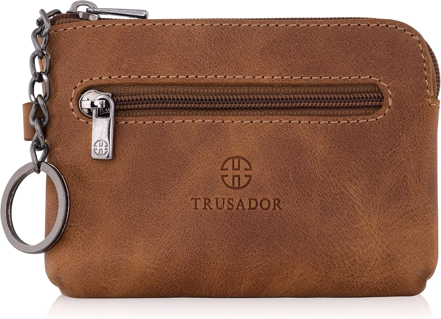 Trusador Milano Women Men Leather Coin Card Key Ring Wallet Pouch Purse Zipper Change Bag (Cognac)