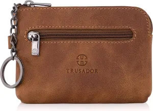 Trusador Milano Women Men Leather Coin Card Key Ring Wallet Pouch Purse Zipper Change Bag (Cognac)