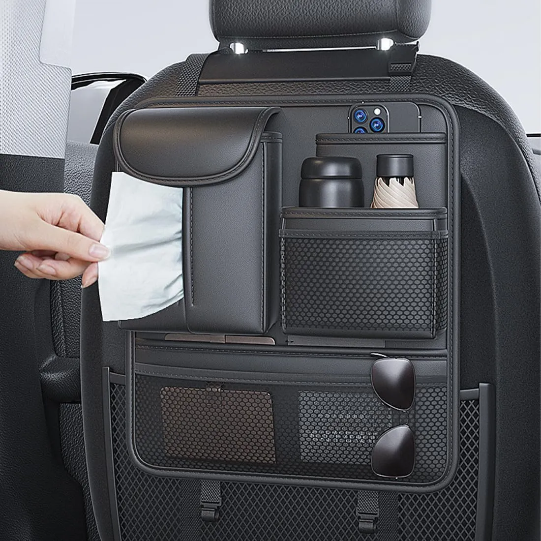 Tumecos Car Armrest Box Storage Leather Auto Middle Seat Hanging Handbag Bag Multifunctional Central Control Tissue Box Organizer（Black）