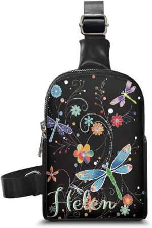 Tuoxiukan Customized Name Sling Bag for Women Floral Dragonfly Crossbody Sling Backpack Sling Bag Travel Hiking Small Chest Sling Bags Daypack Hippie Daily Sling Bag with Adjustable Straps