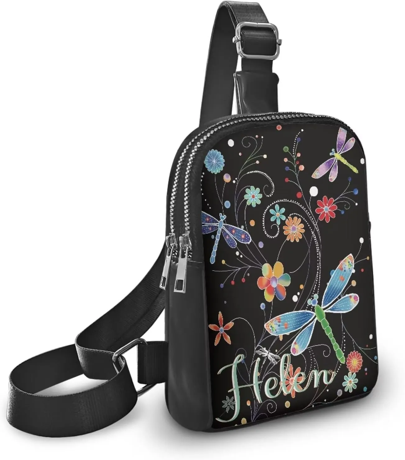 Tuoxiukan Customized Name Sling Bag for Women Floral Dragonfly Crossbody Sling Backpack Sling Bag Travel Hiking Small Chest Sling Bags Daypack Hippie Daily Sling Bag with Adjustable Straps