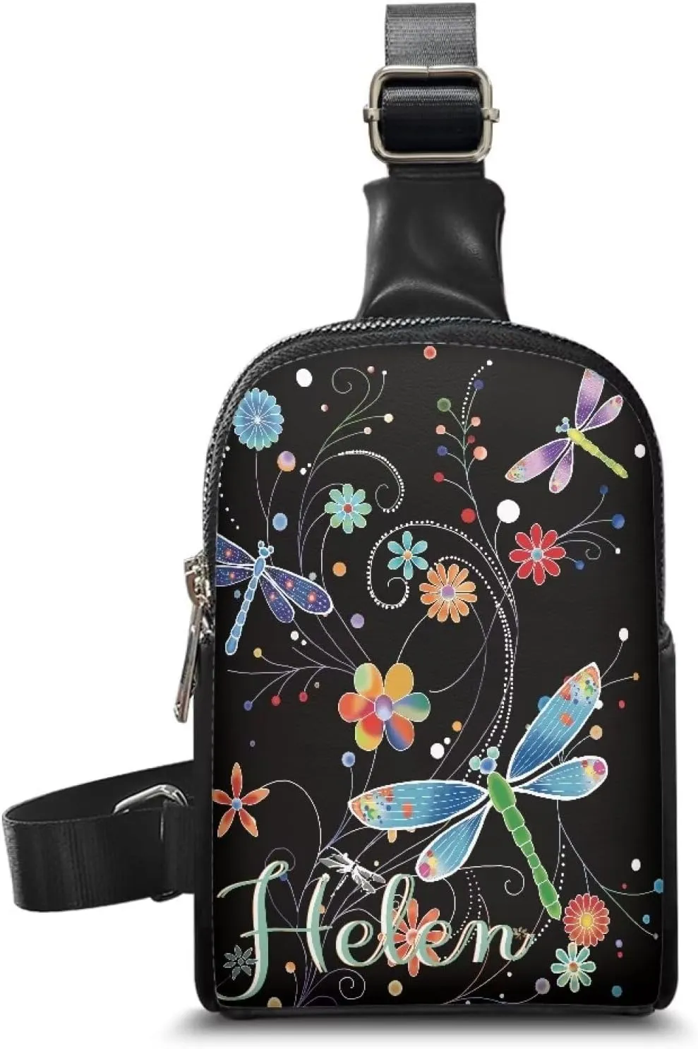 Tuoxiukan Customized Name Sling Bag for Women Floral Dragonfly Crossbody Sling Backpack Sling Bag Travel Hiking Small Chest Sling Bags Daypack Hippie Daily Sling Bag with Adjustable Straps