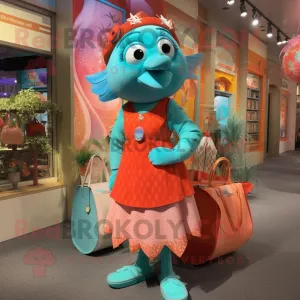 Turquoise Salmon mascot costume character dressed with a Shift Dress and Handbags, Large