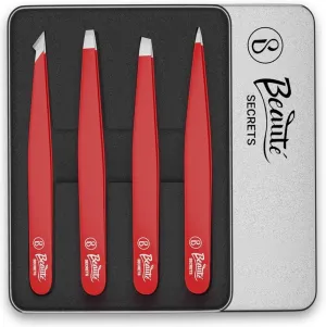 Tweezers Set - Professional Stainless Steel Tweezers, Best Precision Tweezers for Eyebrows - Great Precision for Facial Hair, Ingrown Hair, Splinter, Blackhead Remover, Red