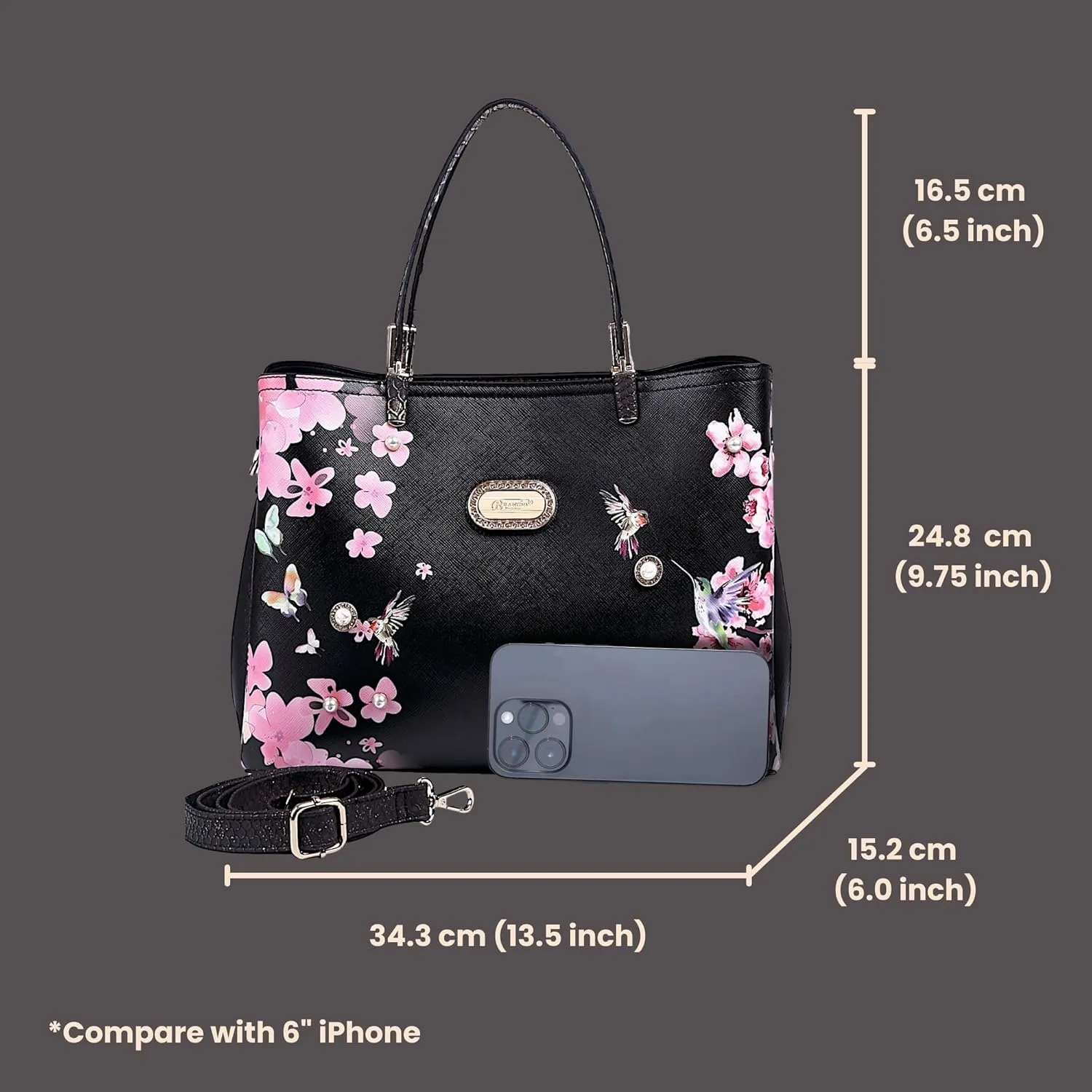 Twilight Garden Designer Leather Tote Bag with Floral and Hummingbird Embellishments and Adjustable Shoulder Strap