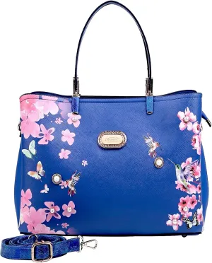 Twilight Garden Designer Leather Tote Bag with Floral and Hummingbird Embellishments and Adjustable Shoulder Strap
