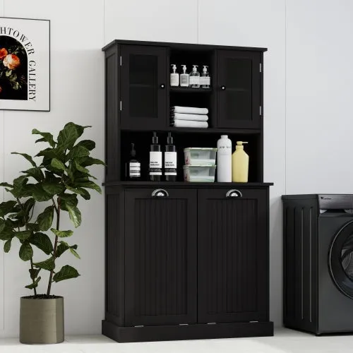 Two Compartment Inclined Dirty Laundry Basket High Bathroom Cabinet