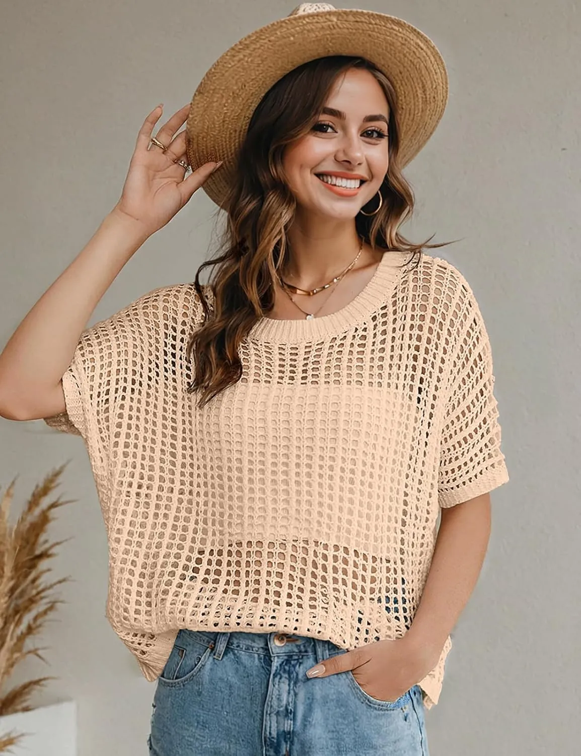 UEU Womens Summer Tops Crochet Short Sleeve Mesh Knit Sweater Shirts Beach Swimsuit Swim Cover Ups 2025 Trendy Outfits