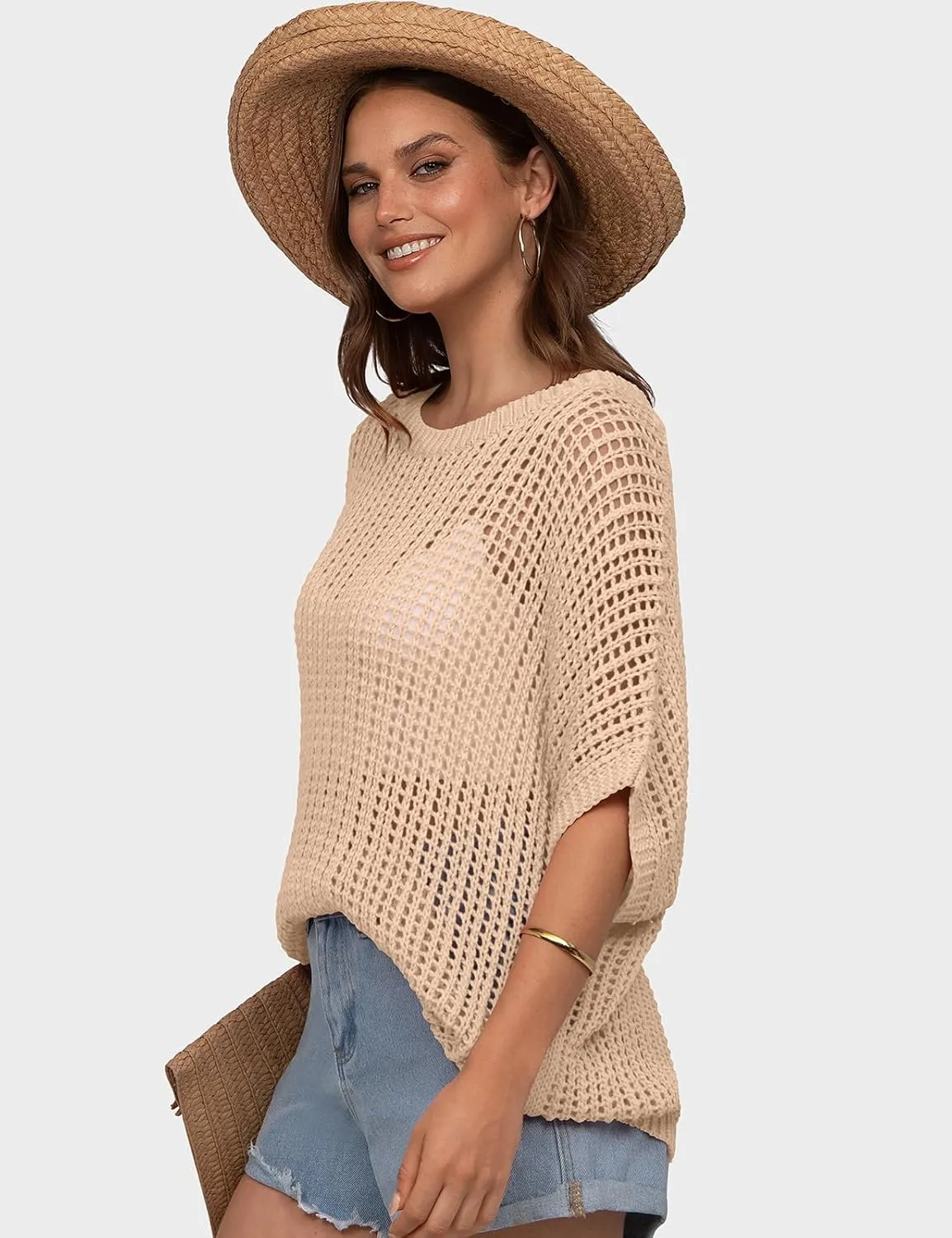 UEU Womens Summer Tops Crochet Short Sleeve Mesh Knit Sweater Shirts Beach Swimsuit Swim Cover Ups 2025 Trendy Outfits