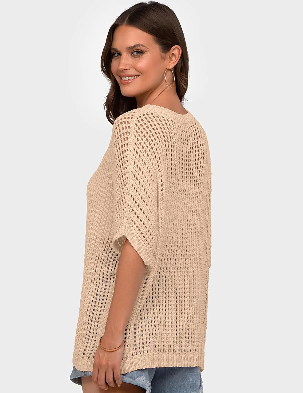 UEU Womens Summer Tops Crochet Short Sleeve Mesh Knit Sweater Shirts Beach Swimsuit Swim Cover Ups 2025 Trendy Outfits