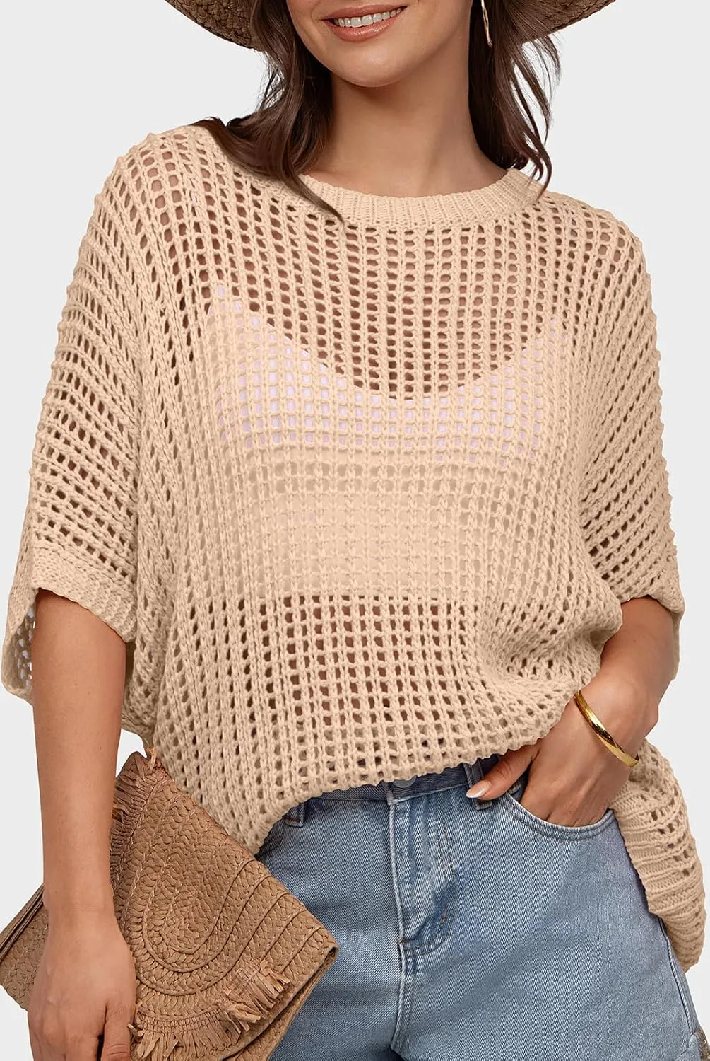 UEU Womens Summer Tops Crochet Short Sleeve Mesh Knit Sweater Shirts Beach Swimsuit Swim Cover Ups 2025 Trendy Outfits
