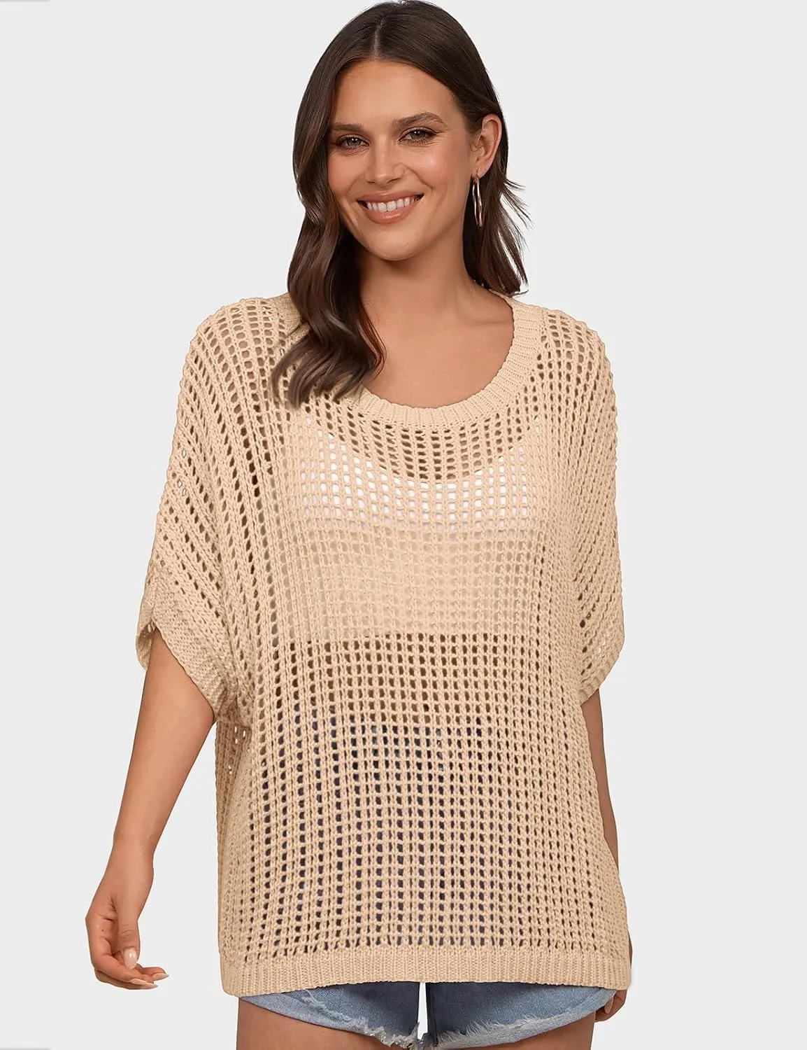 UEU Womens Summer Tops Crochet Short Sleeve Mesh Knit Sweater Shirts Beach Swimsuit Swim Cover Ups 2025 Trendy Outfits