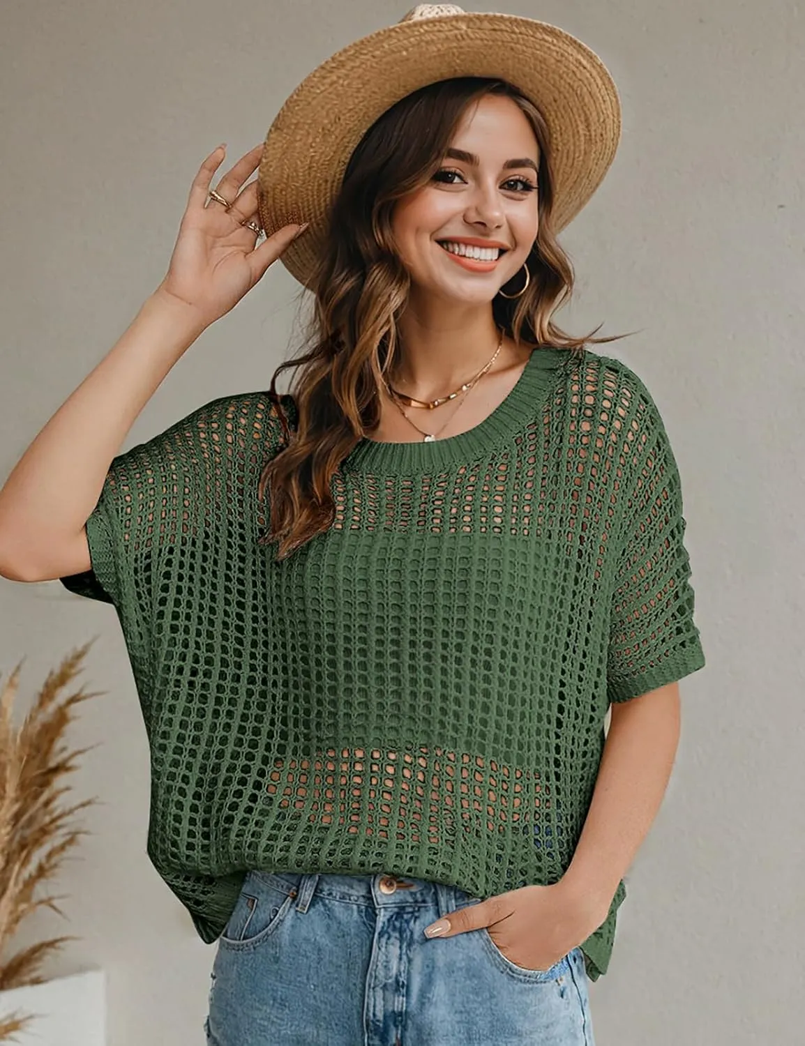 UEU Womens Summer Tops Crochet Short Sleeve Mesh Knit Sweater Shirts Beach Swimsuit Swim Cover Ups 2025 Trendy Outfits