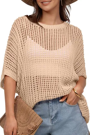 UEU Womens Summer Tops Crochet Short Sleeve Mesh Knit Sweater Shirts Beach Swimsuit Swim Cover Ups 2025 Trendy Outfits