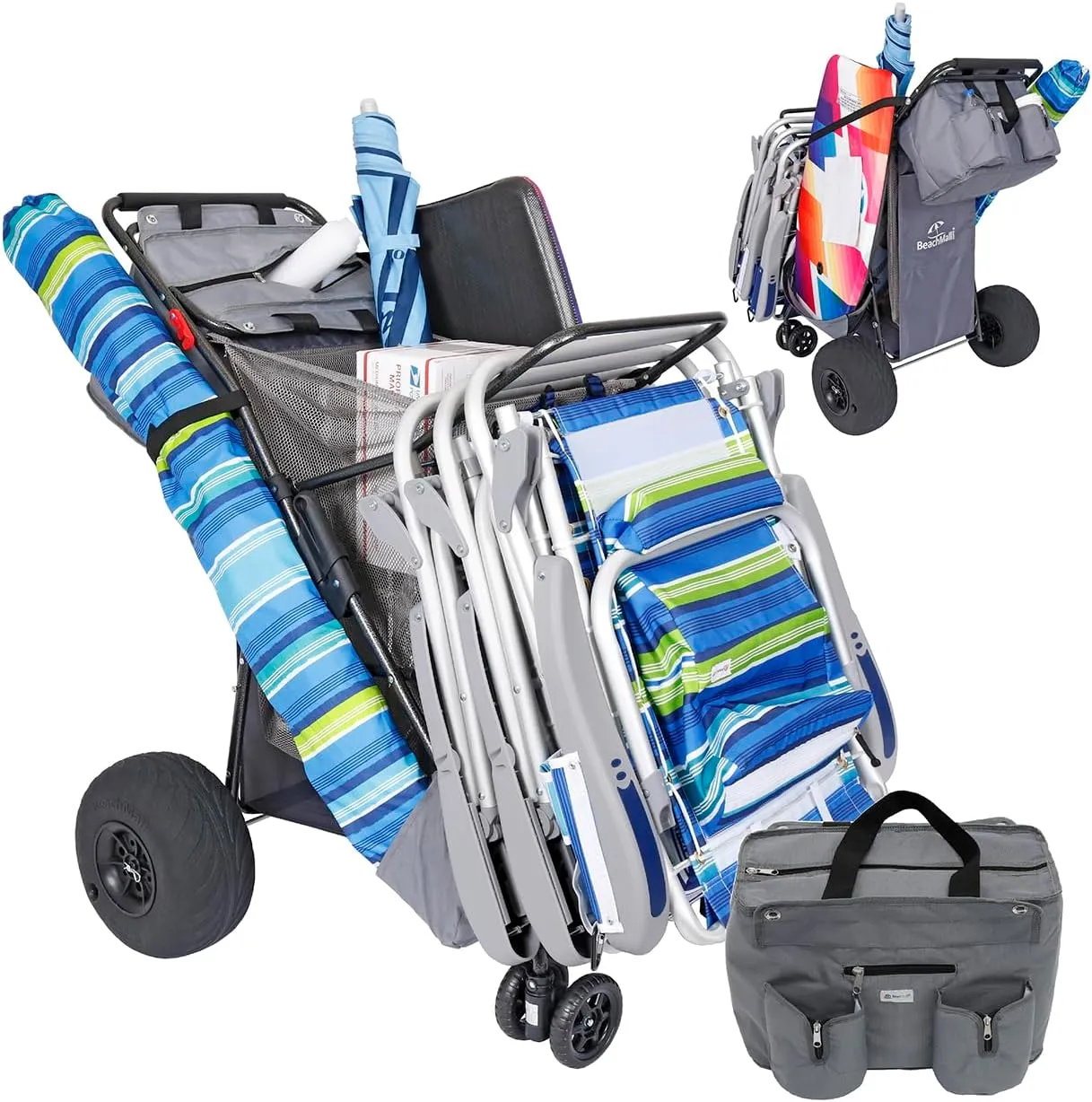 Ultimate Beach Cart with Balloon Wheels for Sand – Buggy Wagon with Big Wheels, Insulated Cooler Bag, Boogie Board & Umbrella Holder, 100 lbs Load Capacity