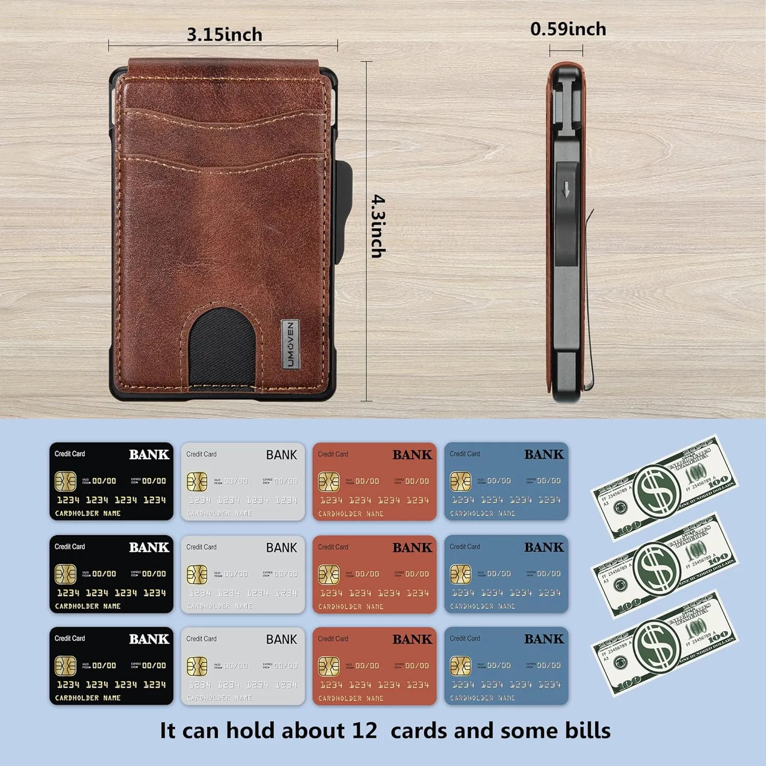 umoven Wallet for Men - with Money Clip Slim Leather Slots Credit Card Holder RFID Blocking Bifold Minimalist Wallet (Top Layer Leather-Brown Red)