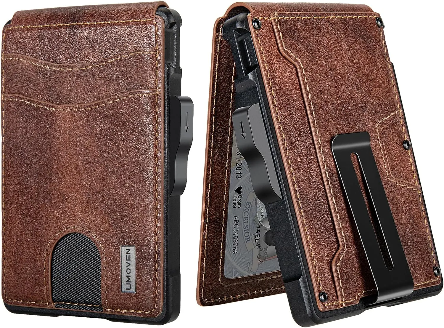 umoven Wallet for Men - with Money Clip Slim Leather Slots Credit Card Holder RFID Blocking Bifold Minimalist Wallet (Top Layer Leather-Brown Red)