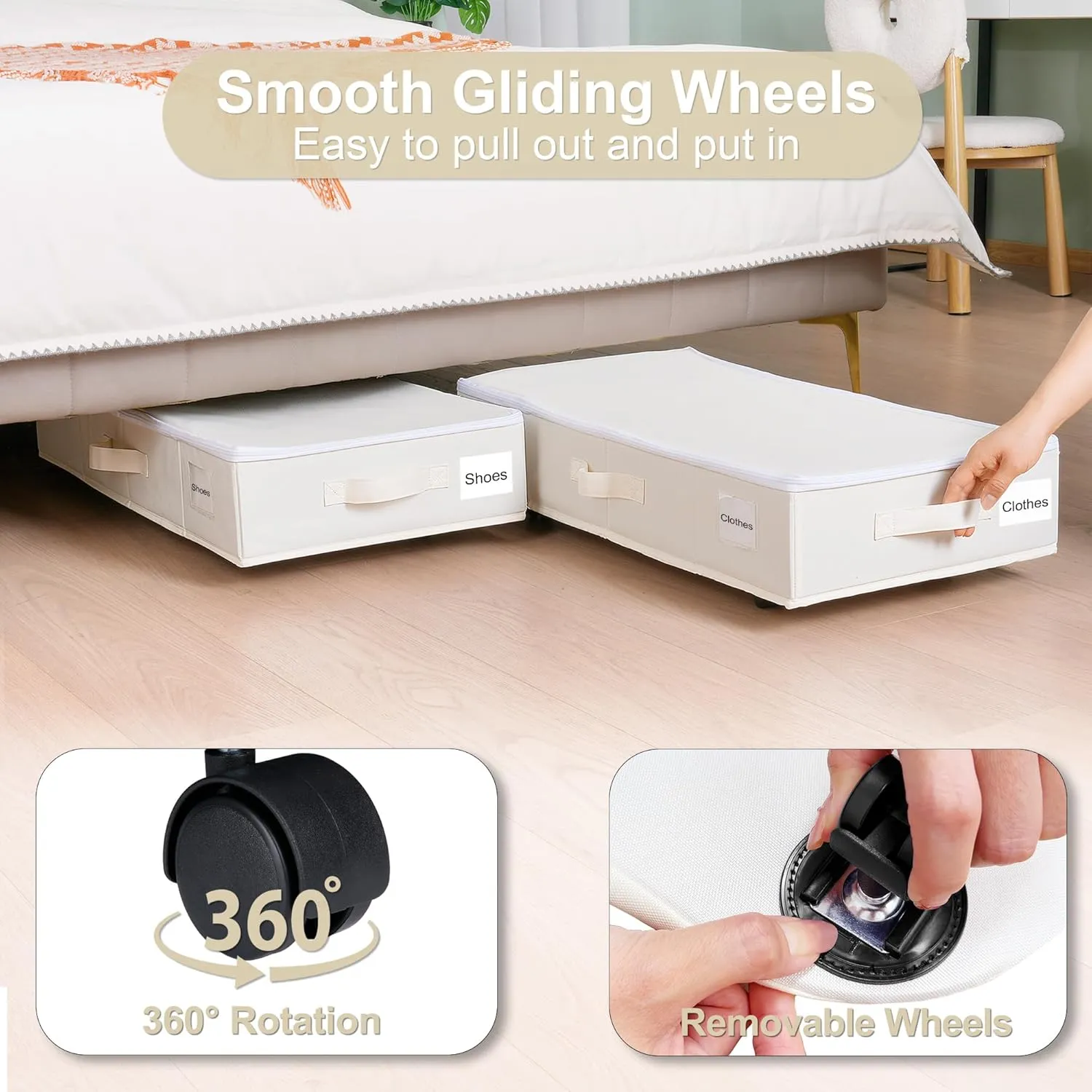 Under Bed Storage with Wheels, 2 Pack Under Bed Storage Containers with Label Holders for Clothes, Shoes and Blankets, Rolling Underbed Shoe Organizer with Cover, Beige (30.71x15.7x7.28 in)