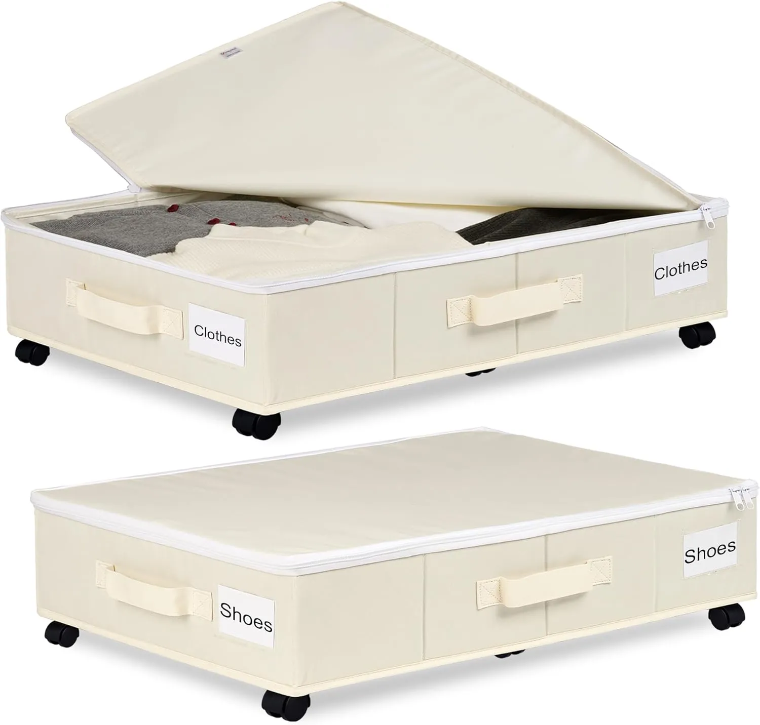 Under Bed Storage with Wheels, 2 Pack Under Bed Storage Containers with Label Holders for Clothes, Shoes and Blankets, Rolling Underbed Shoe Organizer with Cover, Beige (30.71x15.7x7.28 in)