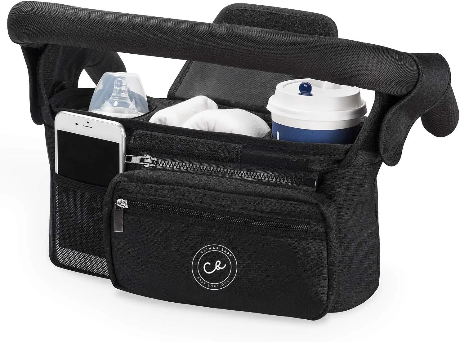 Universal Stroller Organizer - Insulated Stroller Cup Holder Detachable Front Bag With Shoulder Strap - Smart Parent Stroller Bag Organizer -Compact Design Fits Most Baby Stroller Pet Stroller (Black)