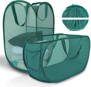 Upgraded Extra Large Mesh Pop Up Laundry Hamper 2 Pack, 100L Foldable Laundry Baskets, Dirty Clothes Hamper with Handles, Collapsible Hampers for Laundry Travel, Dorm or Home. Green