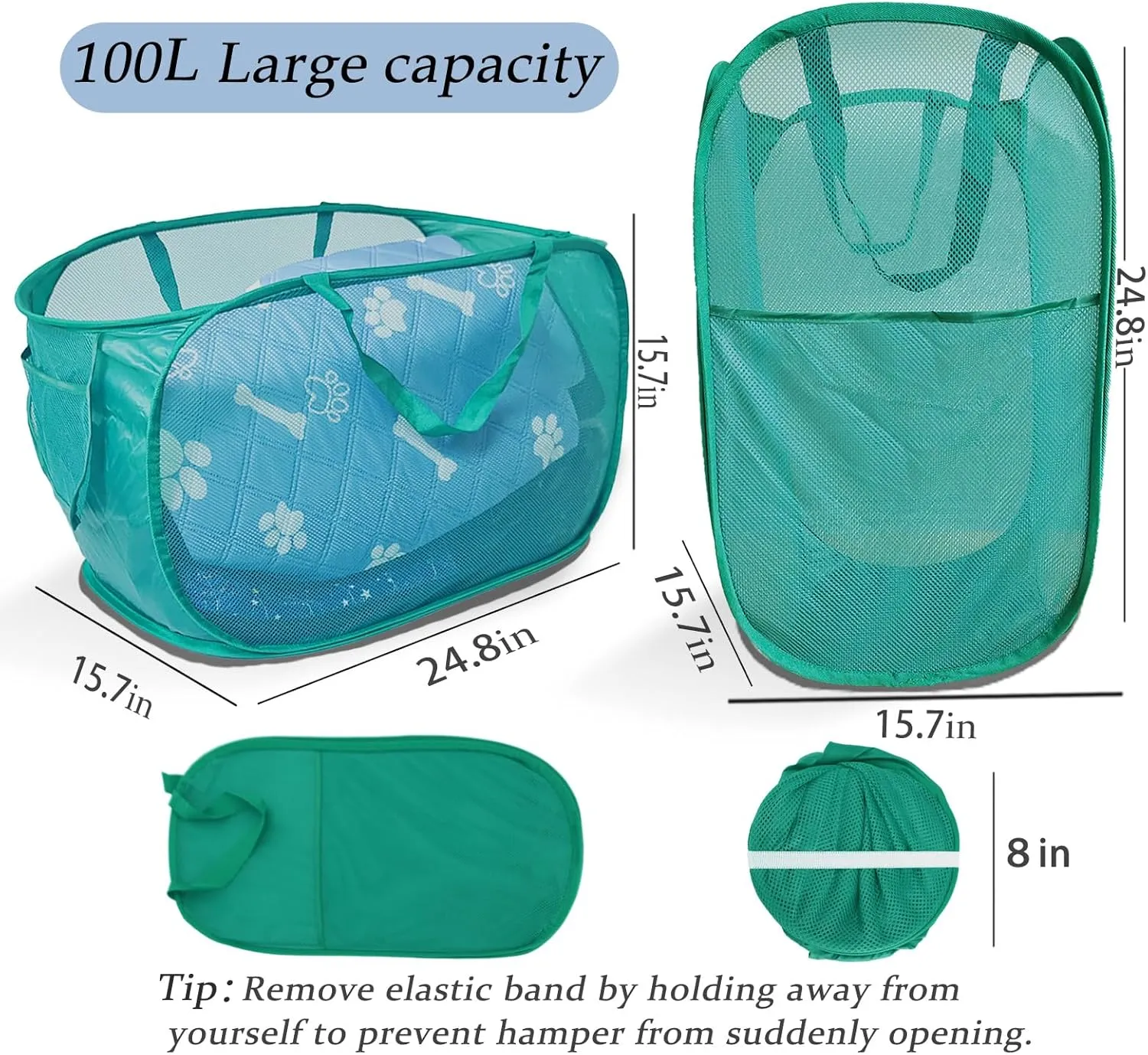 Upgraded Extra Large Mesh Pop Up Laundry Hamper 2 Pack, 100L Foldable Laundry Baskets, Dirty Clothes Hamper with Handles, Collapsible Hampers for Laundry Travel, Dorm or Home. Green