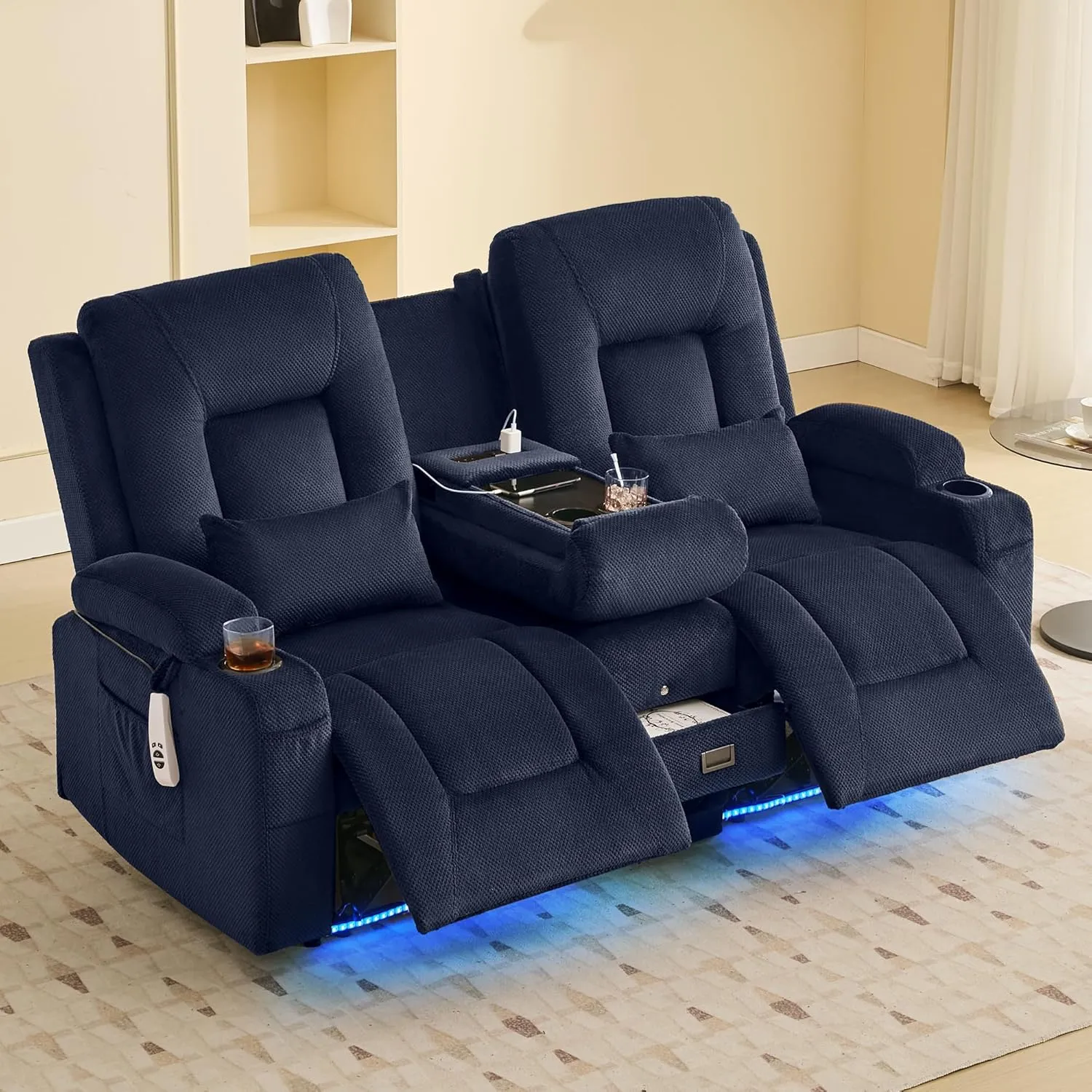 URRED Power Loveseat Recliner Sofa with Flipped Backrest Console, Wall Hugger RV Reclining Loveseat Sofa Couch with LED Light/Bluetooth Speakers/USB/Outlets/Cup Holders/Pillow/Side Pocket, Dark Blue