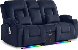 URRED Power Loveseat Recliner Sofa with Flipped Backrest Console, Wall Hugger RV Reclining Loveseat Sofa Couch with LED Light/Bluetooth Speakers/USB/Outlets/Cup Holders/Pillow/Side Pocket, Dark Blue