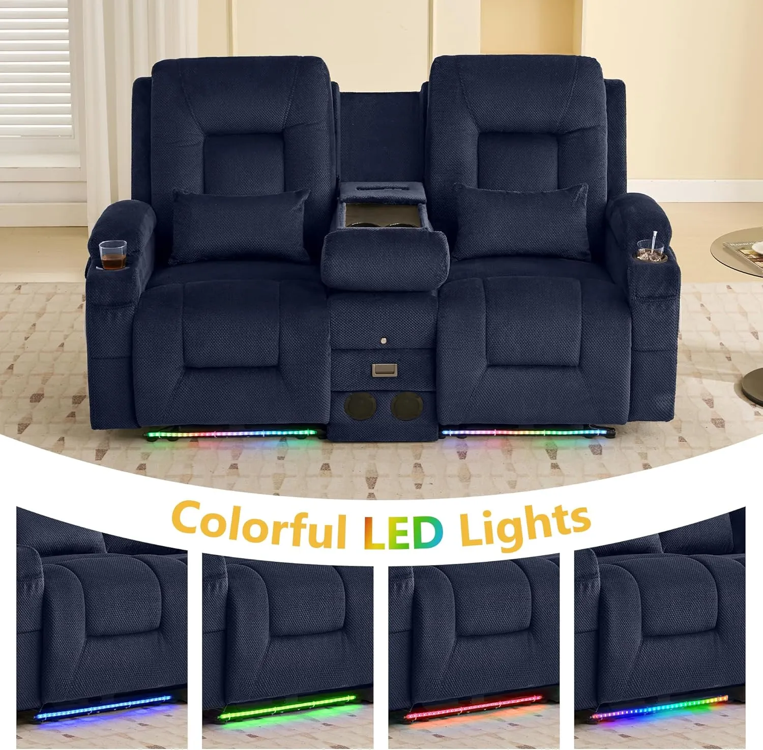 URRED Power Loveseat Recliner Sofa with Flipped Backrest Console, Wall Hugger RV Reclining Loveseat Sofa Couch with LED Light/Bluetooth Speakers/USB/Outlets/Cup Holders/Pillow/Side Pocket, Dark Blue