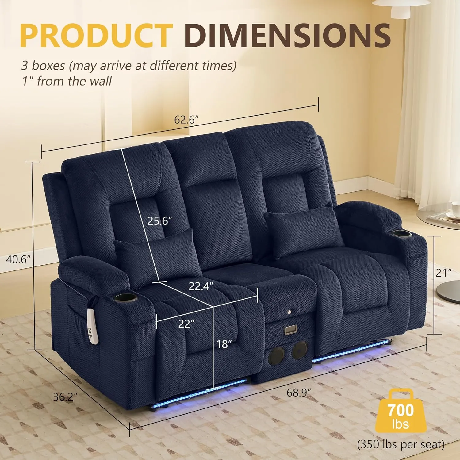 URRED Power Loveseat Recliner Sofa with Flipped Backrest Console, Wall Hugger RV Reclining Loveseat Sofa Couch with LED Light/Bluetooth Speakers/USB/Outlets/Cup Holders/Pillow/Side Pocket, Dark Blue