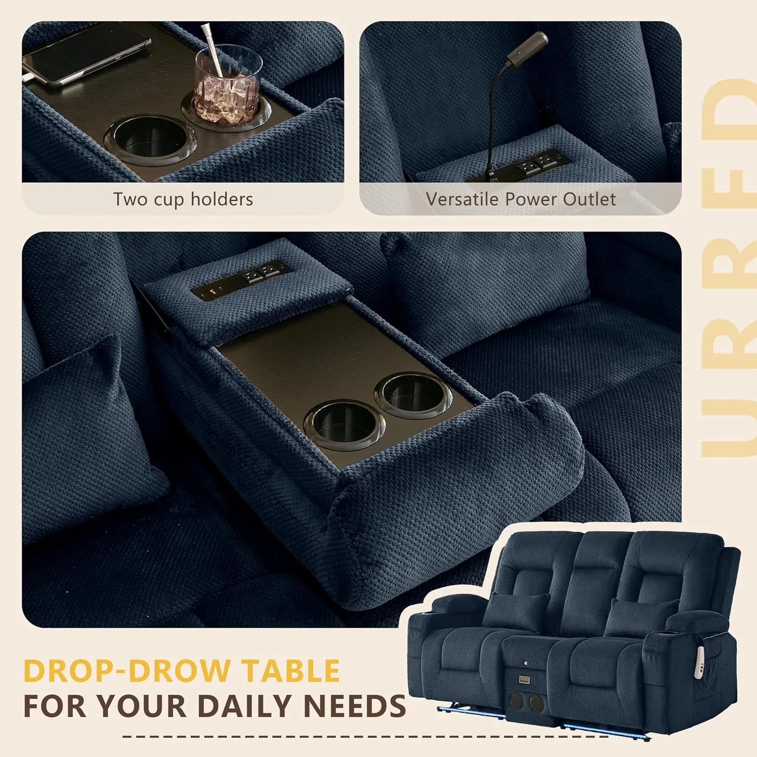 URRED Power Loveseat Recliner Sofa with Flipped Backrest Console, Wall Hugger RV Reclining Loveseat Sofa Couch with LED Light/Bluetooth Speakers/USB/Outlets/Cup Holders/Pillow/Side Pocket, Dark Blue