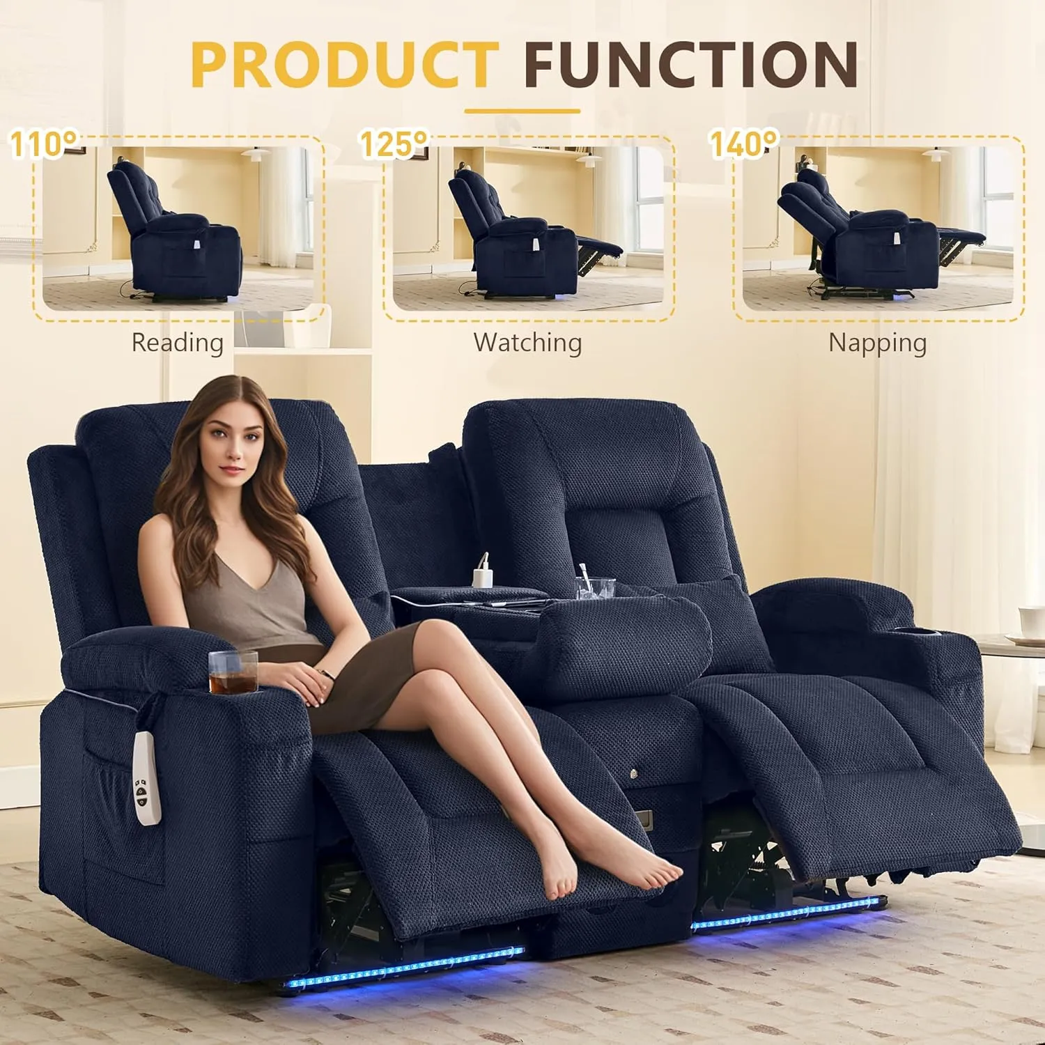 URRED Power Loveseat Recliner Sofa with Flipped Backrest Console, Wall Hugger RV Reclining Loveseat Sofa Couch with LED Light/Bluetooth Speakers/USB/Outlets/Cup Holders/Pillow/Side Pocket, Dark Blue