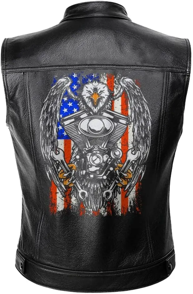 US Flag American Eagle Motorcycle Engine Ride To Live Custom Name PU Leather Vest Coat Jacket For Men US