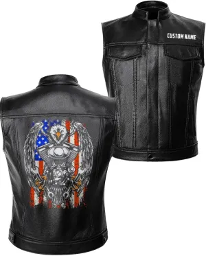 US Flag American Eagle Motorcycle Engine Ride To Live Custom Name PU Leather Vest Coat Jacket For Men US
