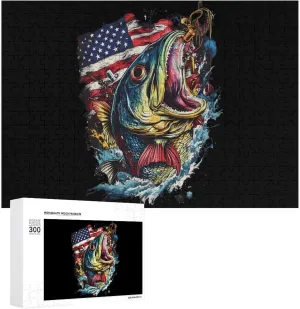 U.S. Flag Bass Fishing Funny Jigsaw Puzzles for Adults Unique Gifts Challenging Game Decor 300/500/1000 Pieces