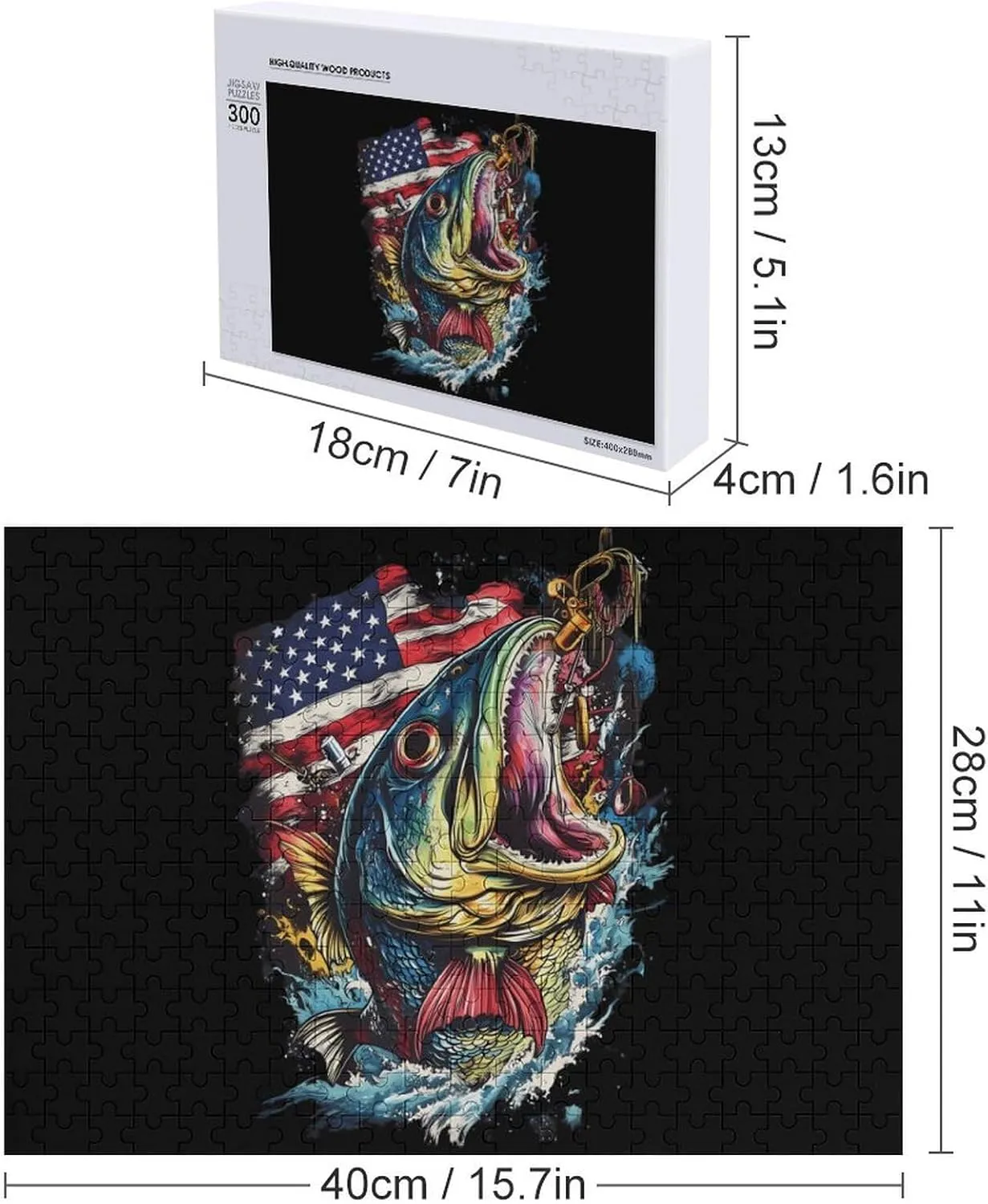 U.S. Flag Bass Fishing Funny Jigsaw Puzzles for Adults Unique Gifts Challenging Game Decor 300/500/1000 Pieces
